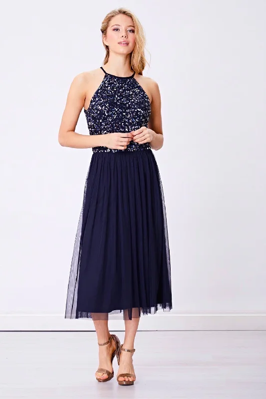 Affordable Women's Garments Embellished Halterneck Sequin Midi Dress in Navy