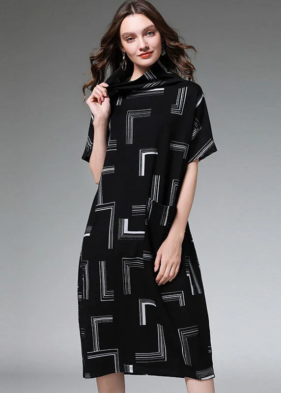 Women's Clothing For Holiday Travel Loose Black Turtle Neck Print Dress Half Sleeve