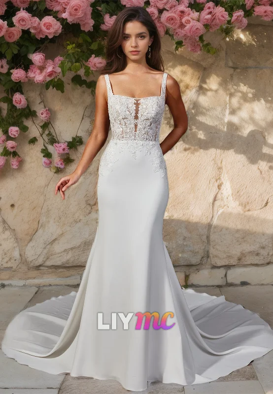 Women's Formal Clothes Square Straps Appliques Sleek Mermaid Wedding Dress