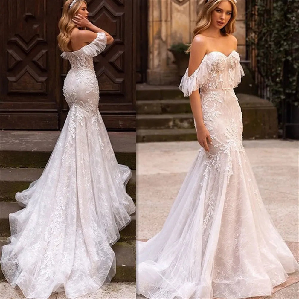 Women's Outdoor Attire Boho Mermaid Wedding Dresses Delicate Off The Shoulder Design Bridal Gowns Sexy Tulle Sweep Train Vestidos De Novia