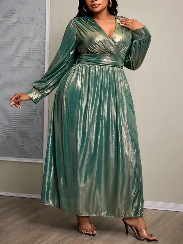 Stylish Women's Apparel Sidney Plus Size Maxi Gown in Shimmery Metallic