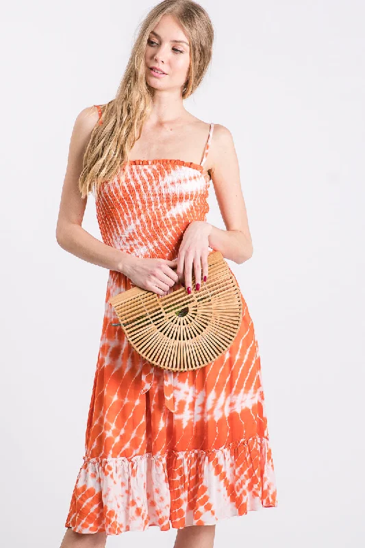 Comfortable Women's Outfits ORANGE RUFFLED SMOCKED BODICE SELF-TIE WAIST MINI DRESS SO3403D Comfortable Women's Outfits ORANGE RUFFLED SMOCKED BODICE SELF-TIE WAIST MINI DRESS SO3403D