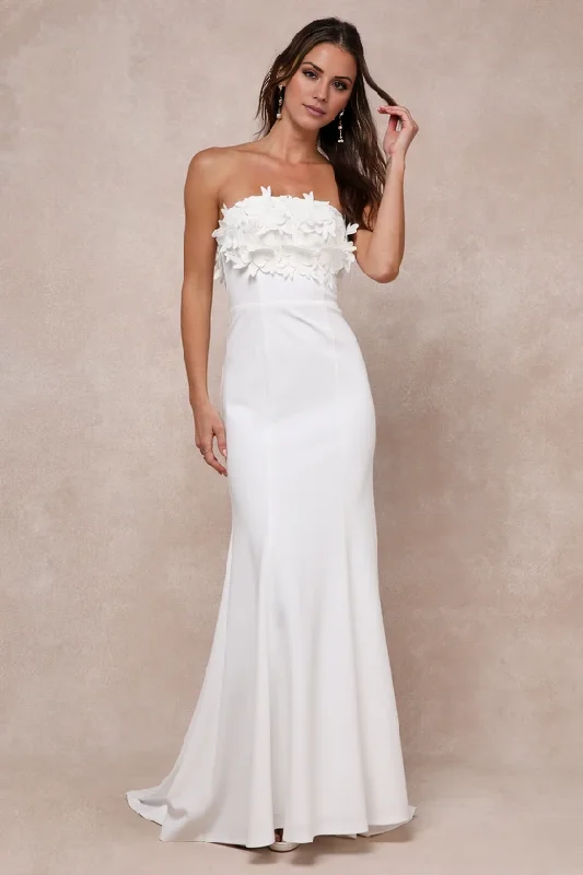 Everyday Women's Fashion Trends Ivory 3D Floral Embroidered Strapless Maxi Dress Floor-length Wedding Dresses