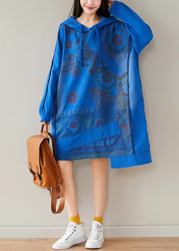 Women's Seasonal Garments Blue Print Sweatshirts dresses drawstring Asymmetrical Spring