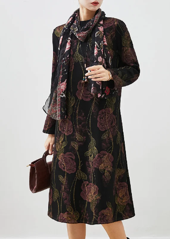 Timeless Women's Clothing Handmade Black Floral Warm Fleece Maxi Dresses Spring