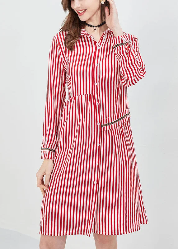 Women's Romantic Outfit Bohemian Red Asymmetrical Striped Shirt dress Spring