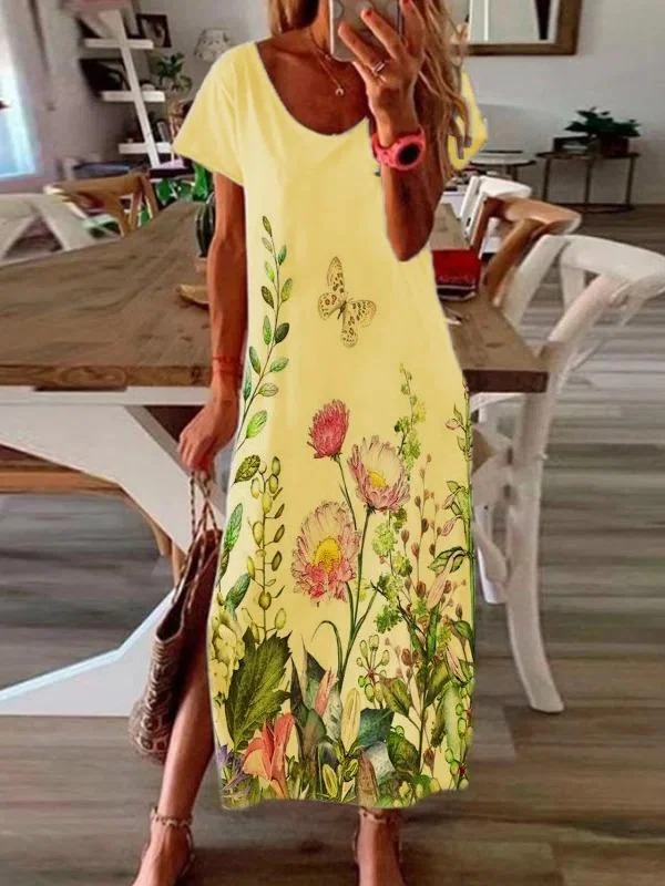 Women's Resort Apparel Casual Short Sleeve Flower Slit Dress