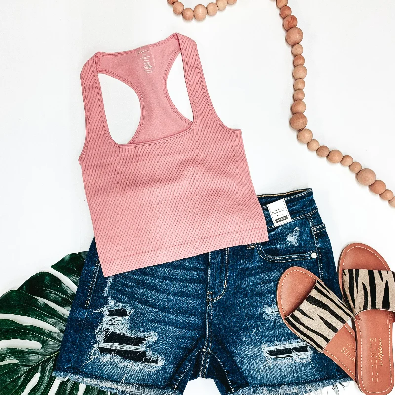 Comfortable Women's Outfits Cute and Casual Ribbed Square Neck Cropped Tank Top in Coral Pink Comfortable Women's Outfits Cute and Casual Ribbed Square Neck Cropped Tank Top in Coral Pink
