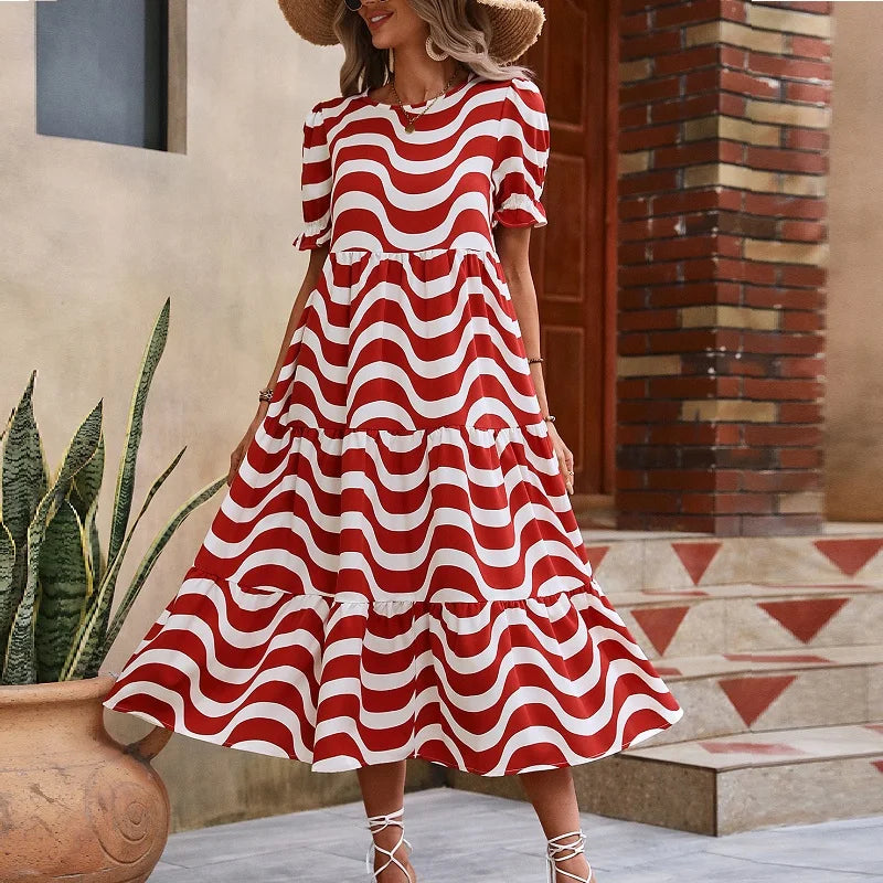 Women's Trendy Garments Chic Wave Stripe Short Bubble Sleeves Skinny O-neck Midi Dress