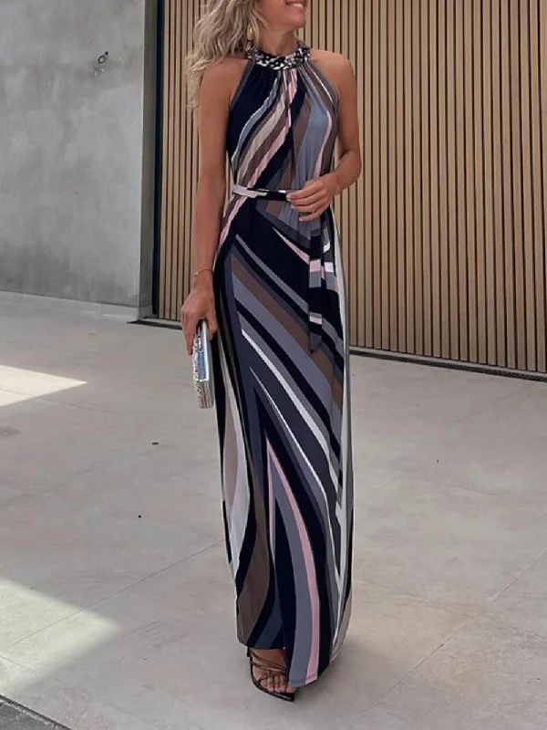 Women's Trendy Clothing Casual Loose Halterneck Striped Graceful Gradient Print Maxi Dress