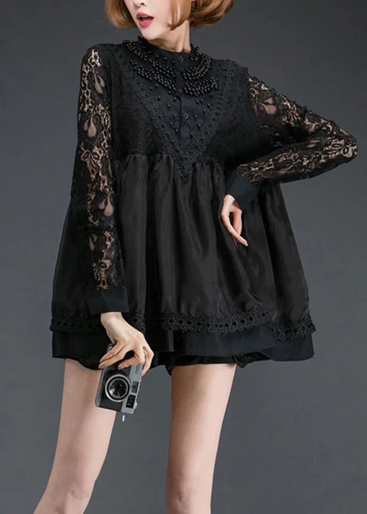 Women's Professional Garments Organic Black Nail bead Patchwork Lace Shift Dress Spring