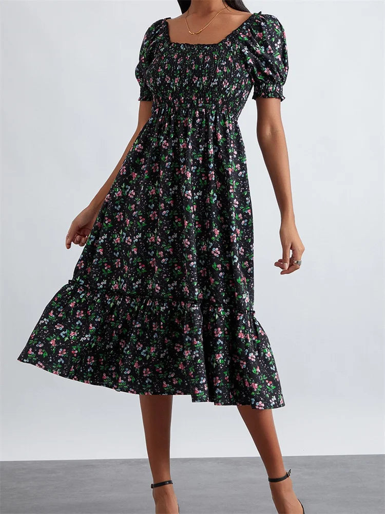 Travel Essentials Retro Summer Floral Print Square Neck Short Puff Sleeve Ruched Midi Dress Travel Essentials Retro Summer Floral Print Square Neck Short Puff Sleeve Ruched Midi Dress