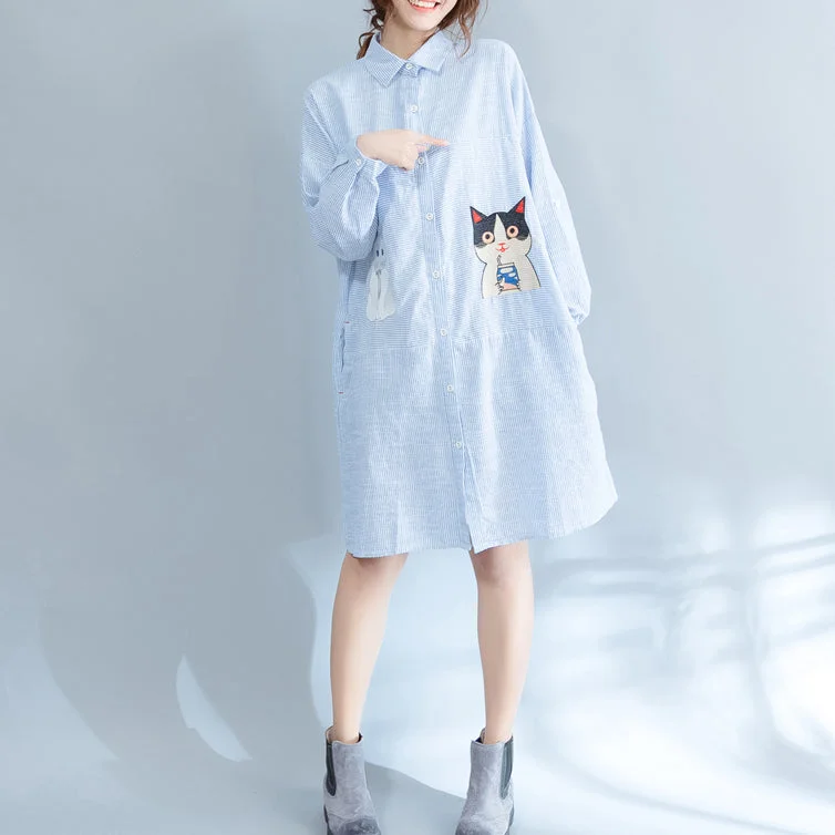 Innovate Your Wardrobe Elegant blue striped cotton knee dress Loose fitting traveling dress fine patchwork cats prints shirt dress