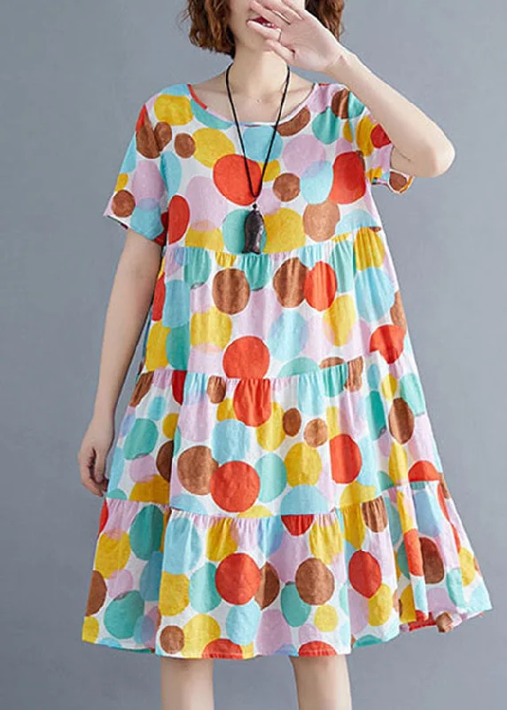 Vintage-Inspired Women's Apparel Fashion Colorblock O-Neck Dot Print Cotton Pleated Dresses Short Sleeve