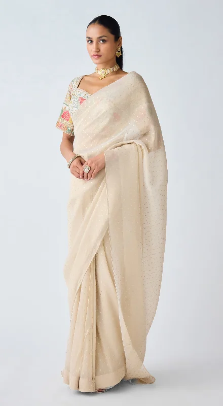 Women's Luxury Apparel Ivory Sequins & Resham Work Organza Saree