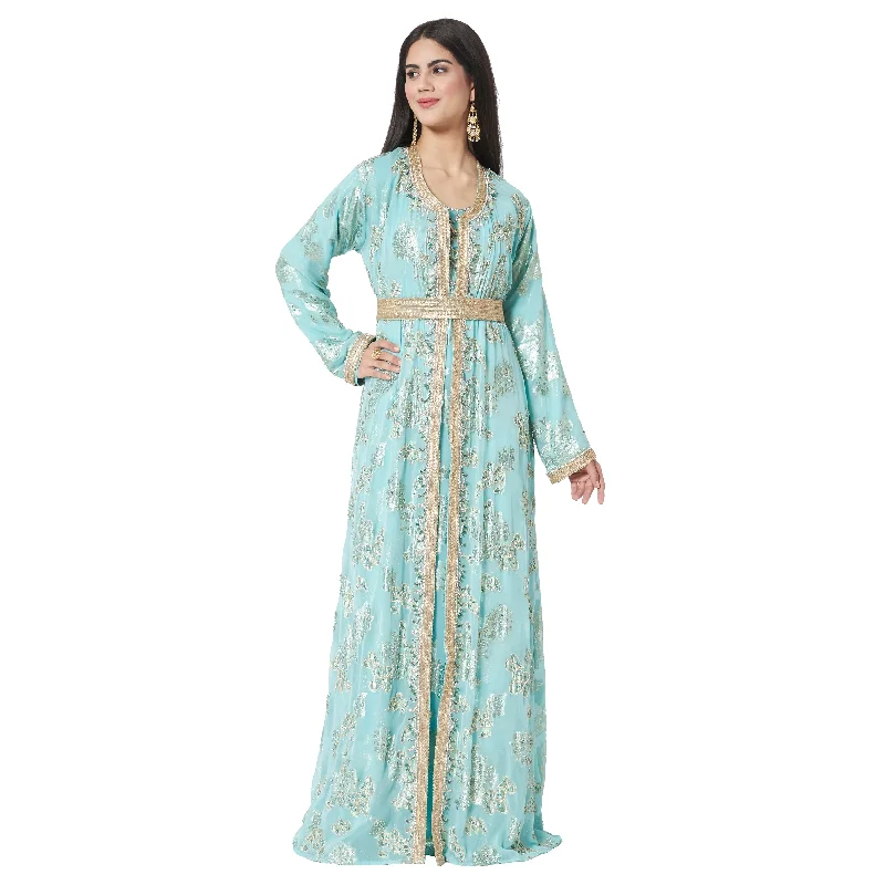 Trendy Street Style Attire Moroccan Caftan Crystal Hand Work on Embossed Brasso Fabric Trendy Street Style Attire Moroccan Caftan Crystal Hand Work on Embossed Brasso Fabric