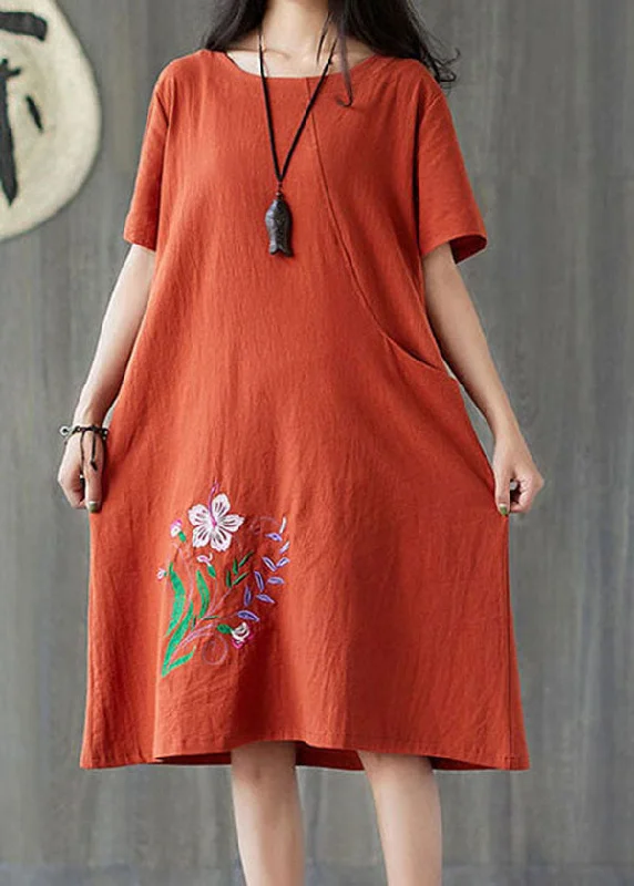 Women's Transitional Garments Handmade Caramel O-Neck Embroideried Pocket Cotton Mid Dress Short Sleeve