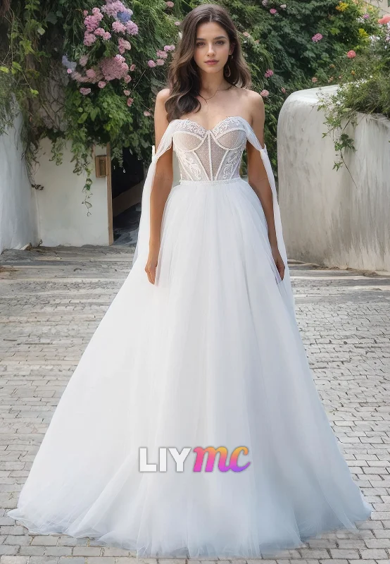 Women's Travel Outfit Set Off-Shoulder Strapless Tulle Ball Gown Wedding Dress