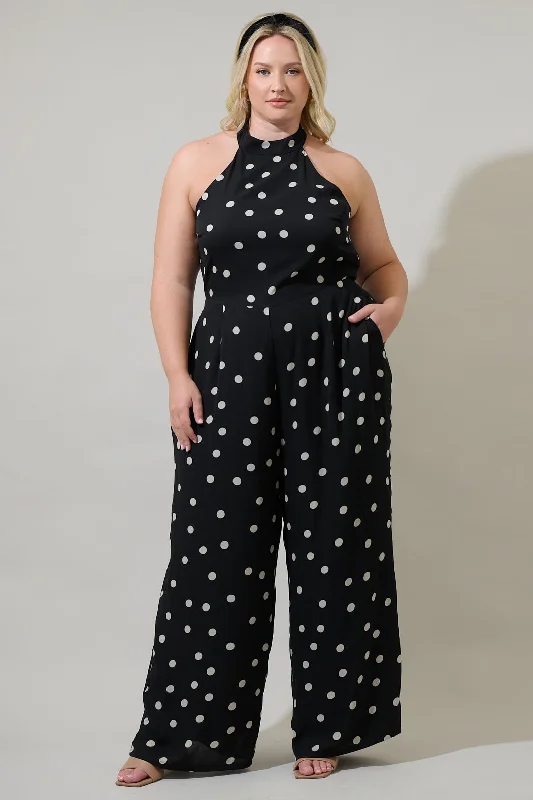 Affordable Trendy Clothes For Women Kaline Polka Dot After Hours Backless Halter Jumpsuit Curve