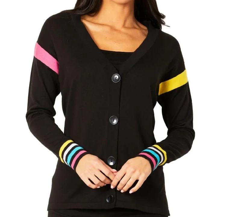 Luxury Women's Clothes Multi Color Stripe Button Cardigan In Black