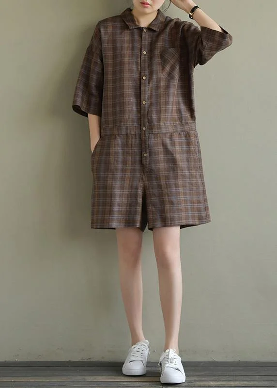 Women's Classic Attire Loose brown Plaid linen lapel jumpsuit pants short summer