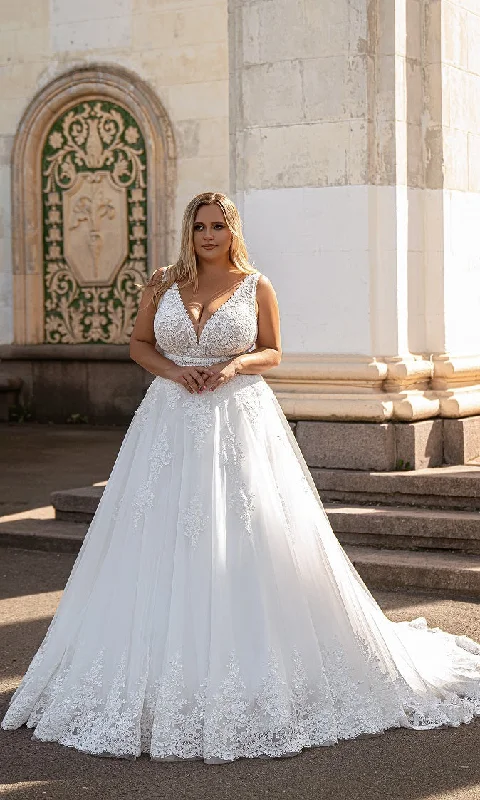 Women's Comfortable Apparel Plus Size Wedding Dresses Sleeveless Double V-Neck Bride Gowns Applique Lace A-Line vestidos de novia talla grande