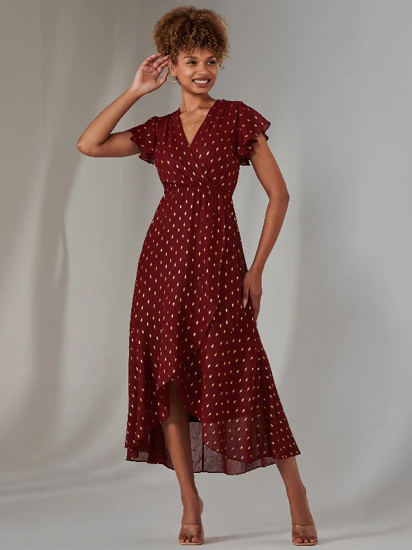 Affordable Women's Attire Metallic Spot Textured Chiffon Maxi Dress, Burgundy