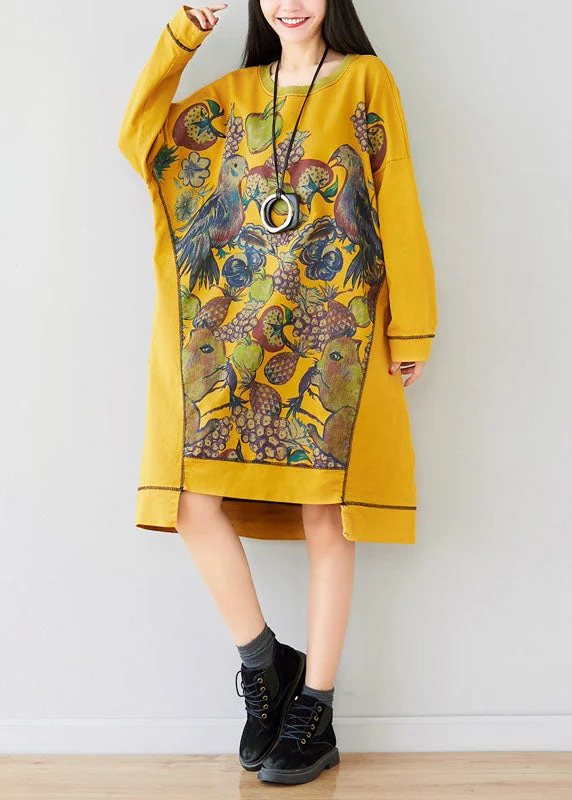 Stylish Women's Outerwear Apparel Unique Yellow O-Neck Asymmetrical Animal print Dress Spring