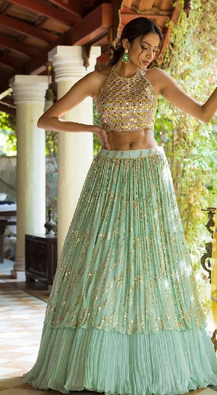 Trendy Athleisure Clothing For Women Sequinned Flared Lehenga Set With Mirror Blouse - BLUE