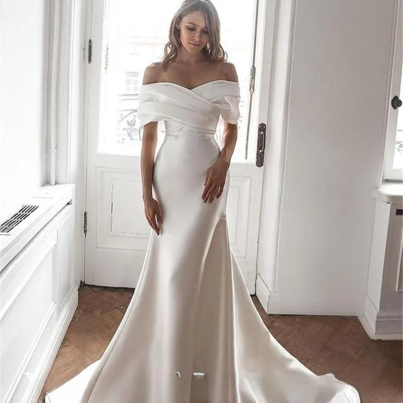 Women's Clothing Sets Charming Off-the-Shoulder Satin Mermaid Wedding Dresses Mermaid Sleeves Court Train Customize  To Measures Robe De Mariee