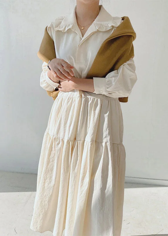 Stylish Clothes For Women Apricot Peter Pan Collar Patchwork Cotton Long Dresses