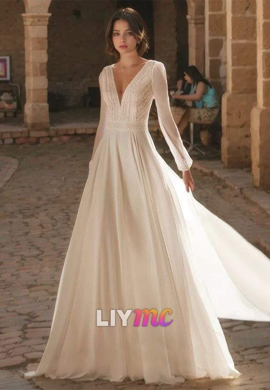 Charming Women's Outfit For Special Occasions V-Neck Long Sleeves Chiffon A-Line Boho Wedding Dress