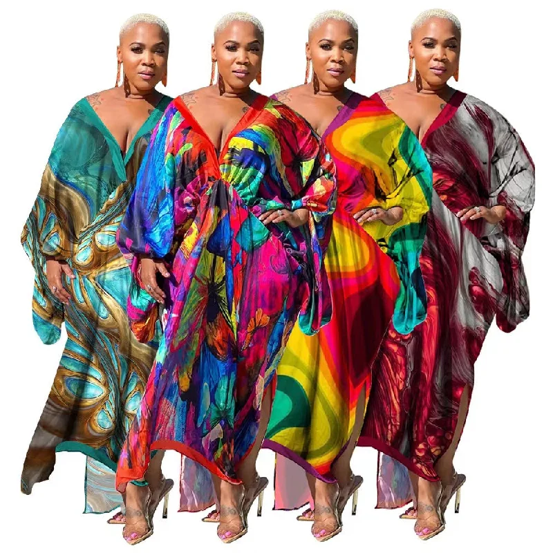 Versatile Women's Fashion J&H 2023 new arrivals maxi satin robes Africa design printed loose dress fall fashion plus size kaftan dresses