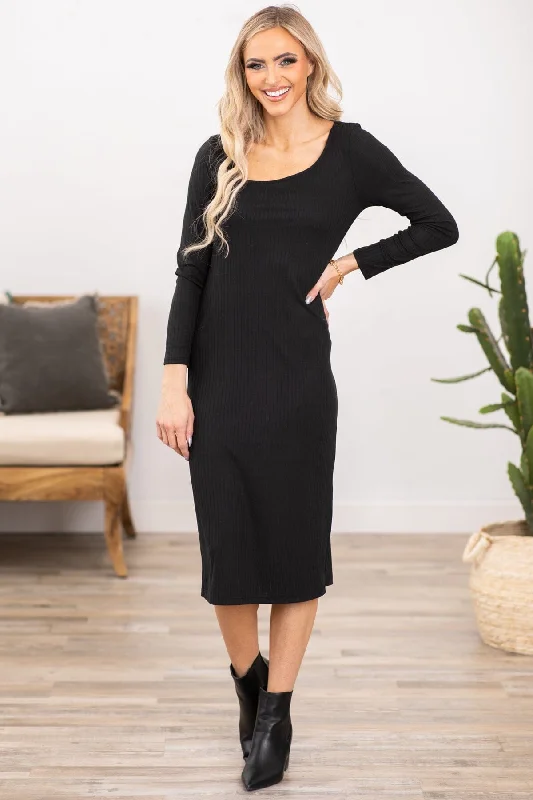 Modern Women's Clothes Black Asymmetrical Neckline Midi Dress