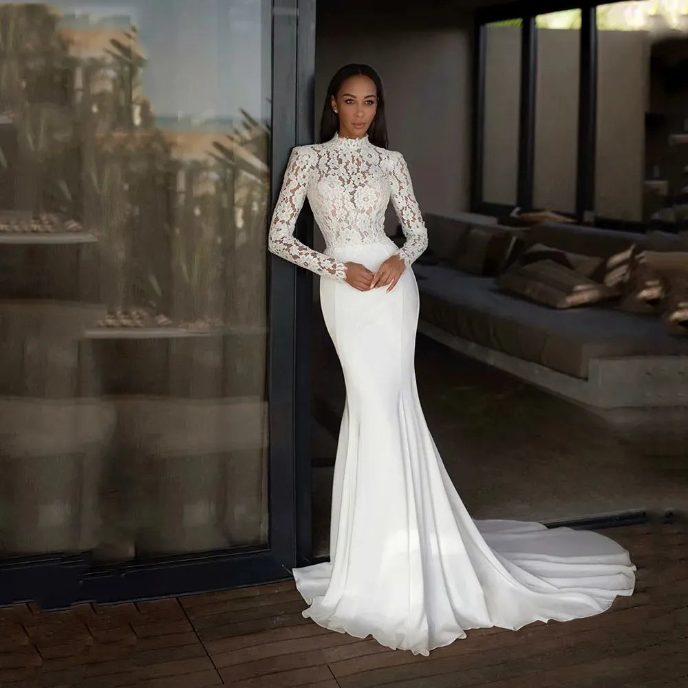 Women's Weekend Outfit Gorgeous Satin Lace Sweetheart Mopping Wedding Dresses Exquisite Long Sleeves Bridal Gowns Backless Appliques Sweep Train Beach