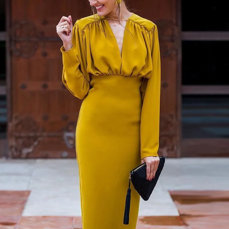 Elegant Women's Clothing FashionSierra - Ruched Design Long Sleeve Midi Dress Women Peplum Office Dress Summer Elegant V Neck Party dresses Yellow vestidos de festa Elegant Women's Clothing FashionSierra - Ruched Design Long Sleeve Midi Dress Women Peplum Office Dress Summer Elegant V Neck Party dresses Yellow vestidos de festa