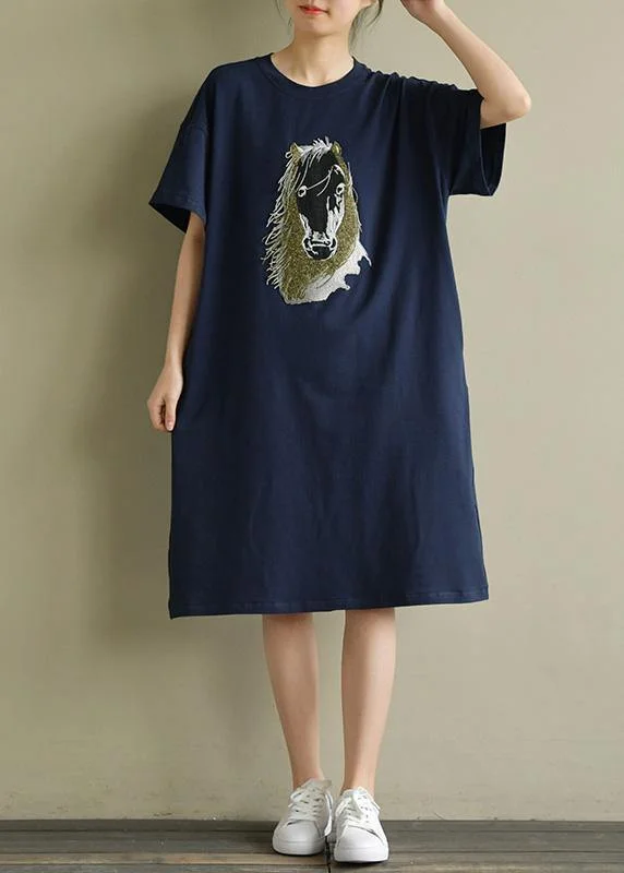 Women's Clothes And Garments Women navy Cotton outfit o neck embroidery oversized summer Dress