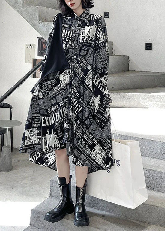 Women's Layered Outfit Streetwear Black low high design print Patchwork Satin shirt Dress Spring