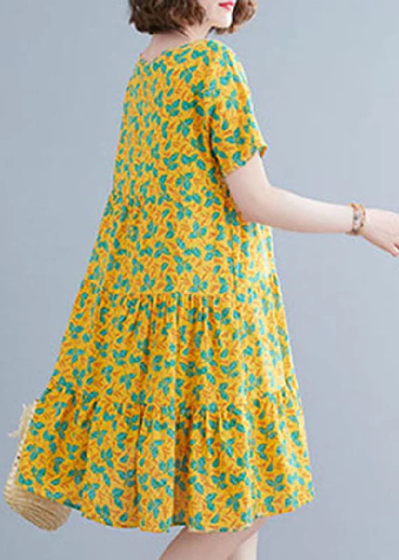 Timeless Women's Garments Yellow Print Patchwork Cotton Long Dresses O-Neck Wrinkled Short Sleeve