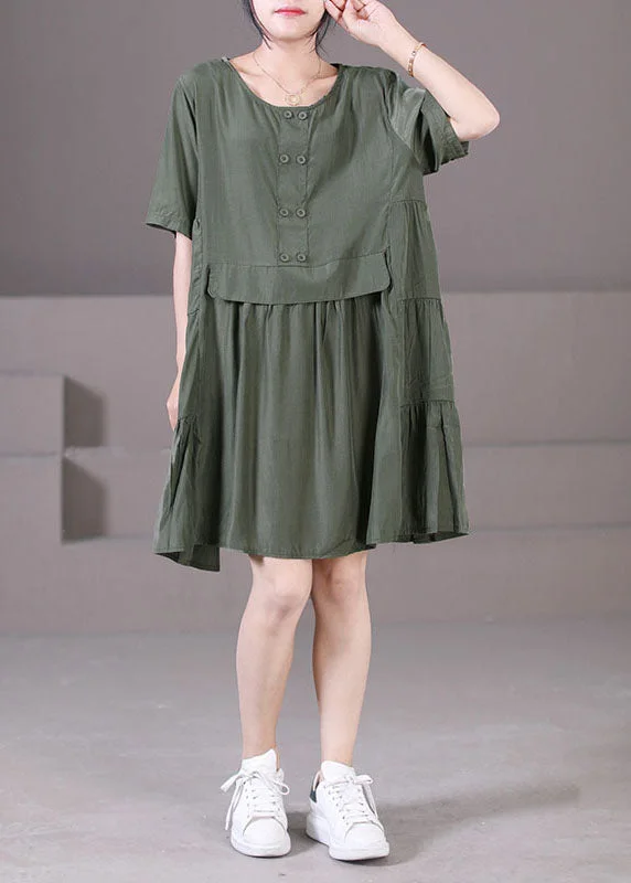 Chic Women's Outfit Boutique Army Green O-Neck Wrinkled Patchwork Cotton Mid Dresses Short Sleeve