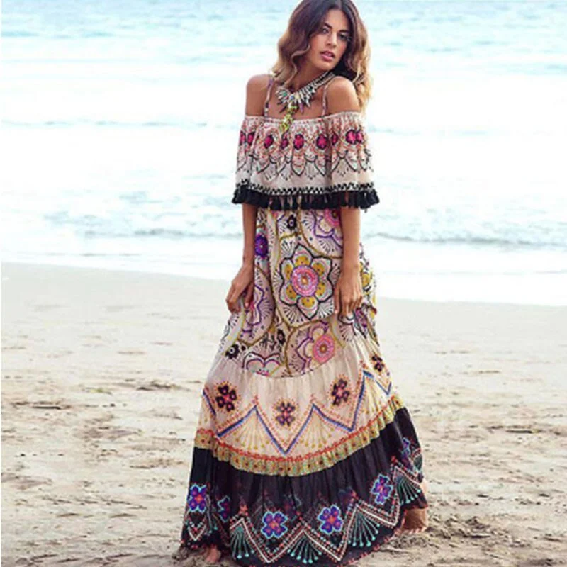 Comfortable Women's Clothing Off Shoulder Boho Summer Dress, Bohemian Maxi Dress For Women