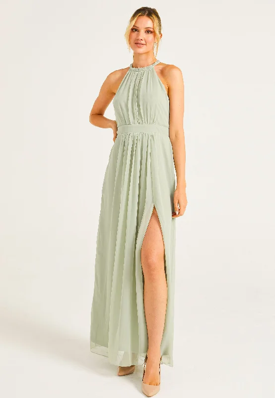 Women's Seasonal Apparel Beaded Halterneck Maxi Dress in Sage Green