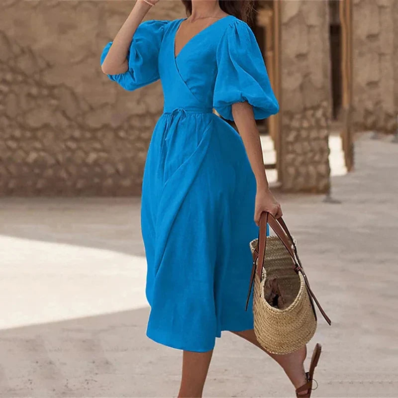 Women's Clothing With Trendy Designs Summer Vintage Long Solid Pleated Party Puff Sleeve Elegant Midi Dress