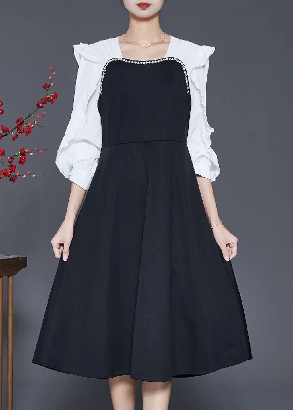 Vintage-Inspired Women's Apparel Boutique Black Square Collar Patchwork Cotton Holiday Dress Butterfly Sleeve