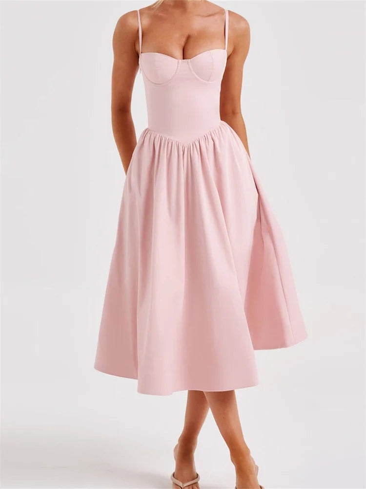 Explore What's New Elegant Solid Color Sleeveless Strap Low Cut Backless Formal Midi Dress Explore What's New Elegant Solid Color Sleeveless Strap Low Cut Backless Formal Midi Dress
