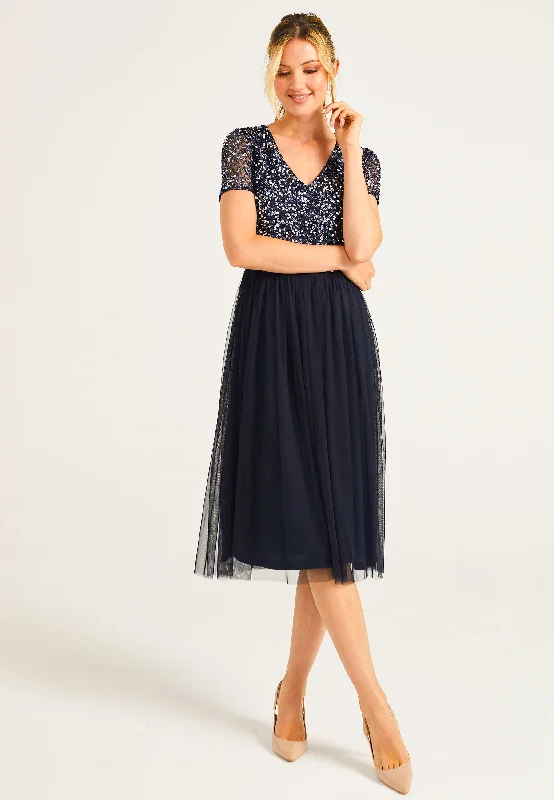 Timeless Women's Clothing Embellished Sequin Baby Doll Midi Dress in Navy