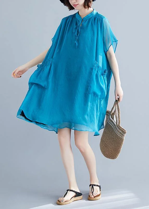 Women's Transitional Garments Beach stand collar pockets chiffon stylish Fabrics blue Love Dresses Summer