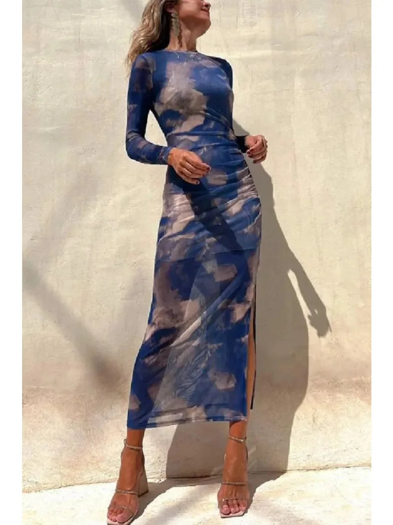 Women's Vintage Garments Skinny Mesh Long Sleeve Split Spring/Summer Print Slim Fit Elastic Maxi Dress