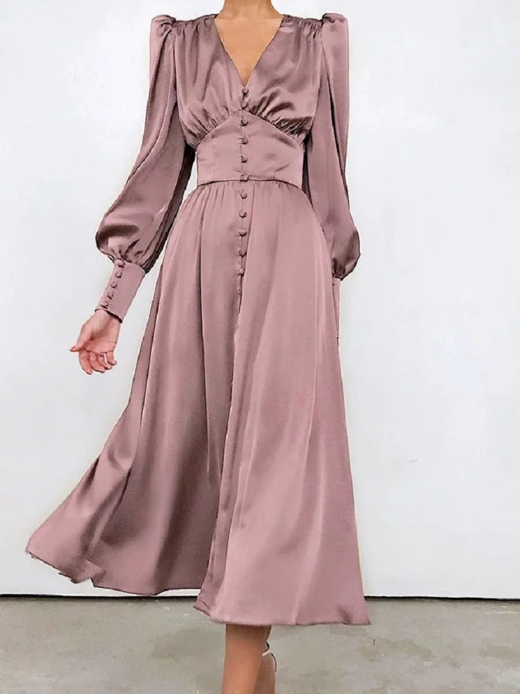 Stylish Women's Clothing Elegant and fashionable Women's Fall V-neck Satin Full Button Skinny Vintage Split Maxi Dress