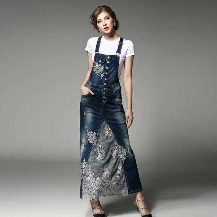 Women's Clothing For Work Embroidered Lace Denim Overall Dress